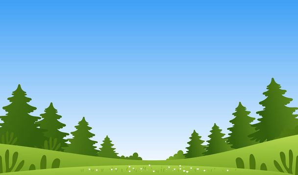 Modern spring meadow with green grass and wildflowers. Bunner with summer landscape, coniferous forest, blue sky with clouds. Simple vector illustration. - Vektor, kép