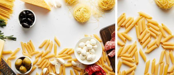 Collage von Pasta mit Zutaten auf weißem Hintergrund, Panoramaaufnahme - Foto, Bild