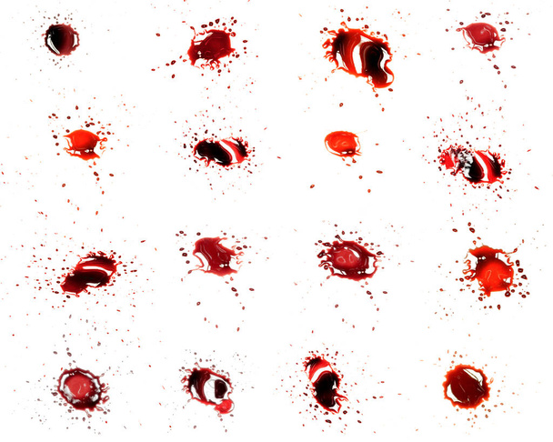 Kan damlatma seti. Kan sıçramış. Kan damlası ve damlası. Kan lekeleri. Kan birikintileri. beyaz arkaplanda izole - Fotoğraf, Görsel