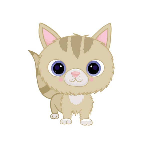 Lindo gatito con grandes ojos está de pie. personaje animal en estilo de dibujos animados sobre un fondo blanco
 - Foto, Imagen