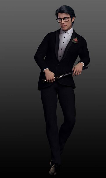Симпатичный мужчина в чёрном костюме из смокинга с очками
 - Фото, изображение