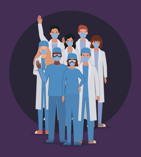 Hombres y mujeres médicos con uniformes máscaras y gafas de diseño vectorial
 - Vector, Imagen