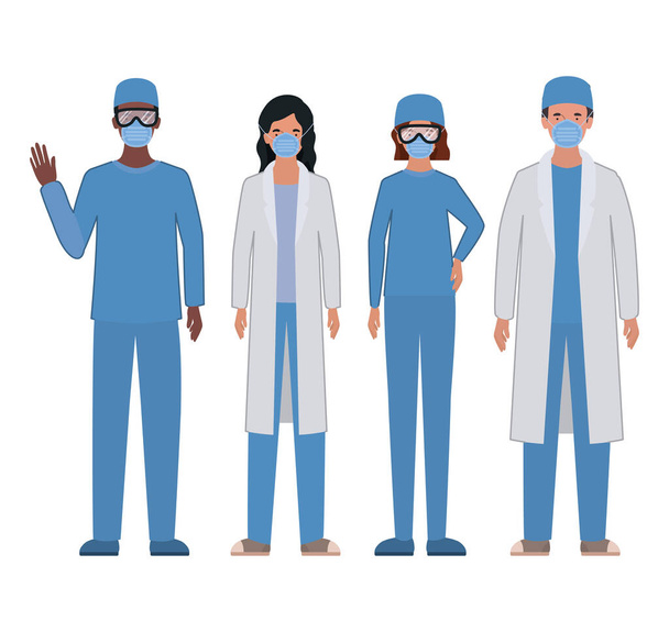 Чоловіки та жінки Лікарі з уніформою та масками Векторний дизайн
 - Вектор, зображення
