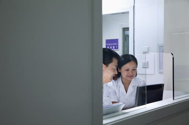 Veterinarians looking at computer screen - Photo, Image