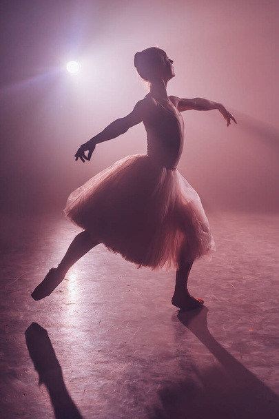 Ballet dancer in tutu performing, jumping on stage. Ballerina practices on floor in dark studio with smoke. Violet light. - Fotoğraf, Görsel