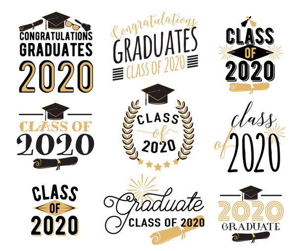 Congratulazione graduazione auguri sovrapposizioni, lettering etichette design set. Classe di laurea retrò di 2020 distintivi. Emblema disegnato a mano con sunburst, cappello, diploma, campana. Isolato su sfondo bianco
 - Vettoriali, immagini