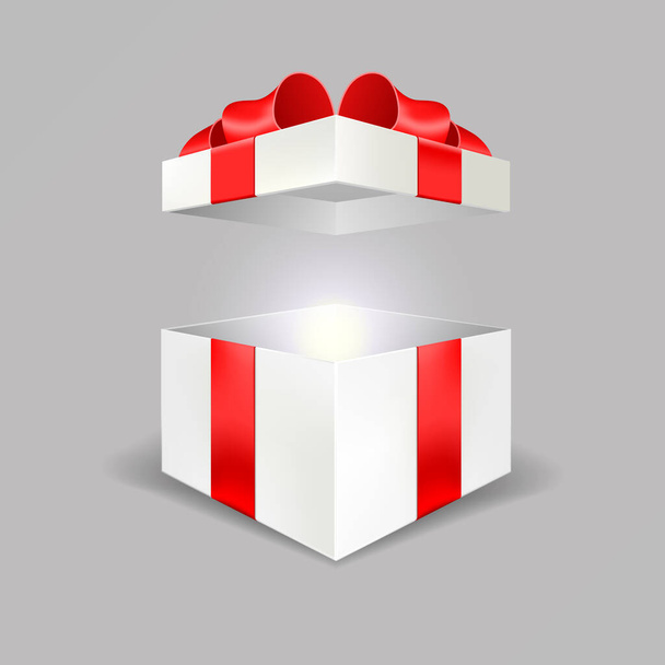 Opened white gift box empty angle front view 3D with red bow and lights isolated in gray background easy to replace for your design and logo. Realistic blank Package free gifts banner - Вектор,изображение