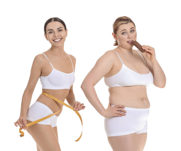 Overweight and slim women on white background. Weight loss concept - Fotoğraf, Görsel