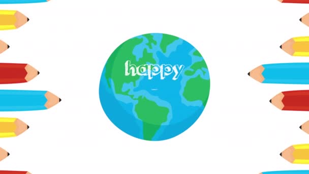 色鉛筆と地球の惑星で幸せな教師の日のお祝い - 映像、動画