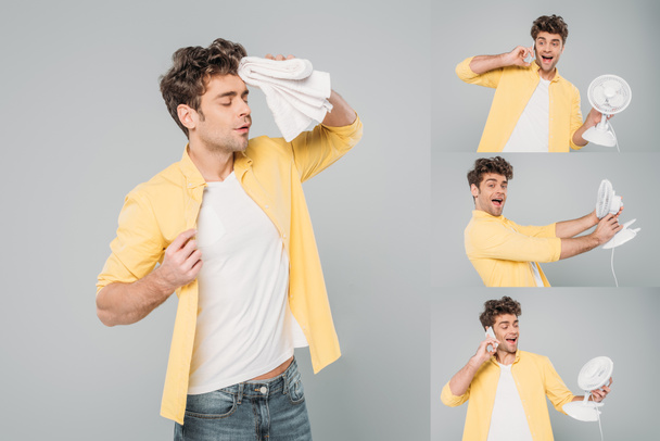 Коллаж человека, разговаривающего по смартфону и страдающего от жары с полотенцами и настольными вентиляторами на сером
 - Фото, изображение