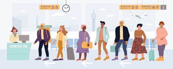 Πολυφυλετικοί άνδρες, γυναίκες που στέκονται στην ουρά για να κάνουν check-in, αφήνουν αποσκευές στο διεθνές αεροδρόμιο. - Διάνυσμα, εικόνα
