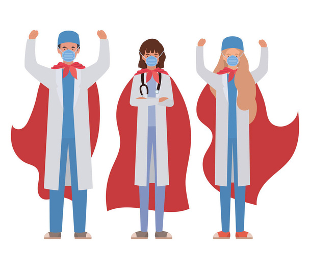 Frauen und Männer Ärzte Helden mit Umhängen gegen 2019 ncov Virus Vektor Design - Vektor, Bild