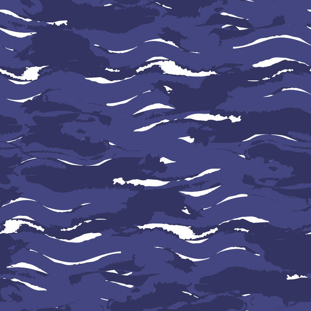 Grunge vector cepillo trazos olas sin costuras repetir el fondo del patrón en azul marino y blanco colores para la tela, papel pintado, papel, invitaciones o fondos
. - Vector, Imagen