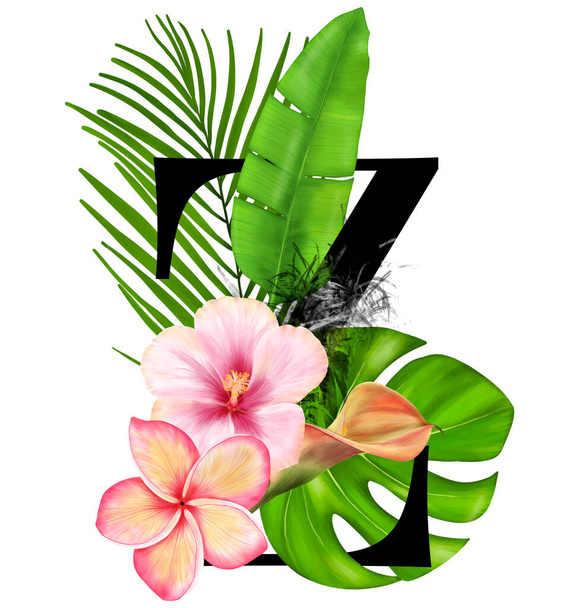 Γράμμα Ζ. Τροπική διακόσμηση αλφάβητο λογότυπο με τροπικά λουλούδια και φύλλα  - Φωτογραφία, εικόνα