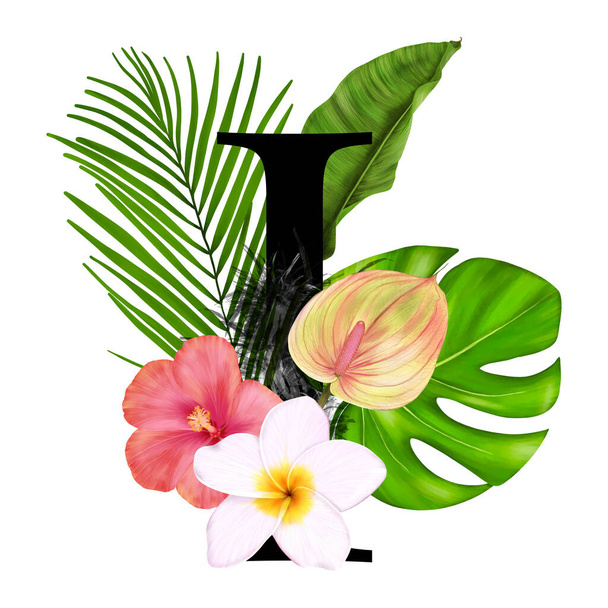Lettre I. : Logo de l'alphabet de décoration tropicale avec fleurs et feuilles tropicales
  - Photo, image