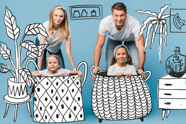 padres sonrientes con niños en cestas en azul, ilustración interior
 - Foto, imagen