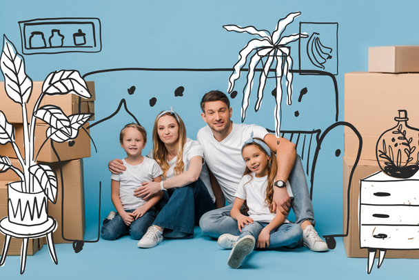 幸せな両親は子供を抱きかかえて移動のための段ボール箱と青い上に座って、インテリアイラスト - 写真・画像