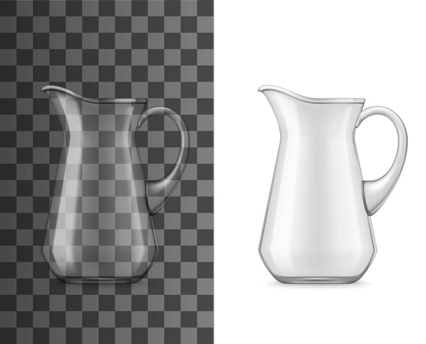 Glaskanne oder Krug, Vektor 3D realistische Geschirr-Attrappe. Wasser-, Saft- oder Milchkanne mit Griff und Auslauf, Tischgläser oder Trinkgeschirr isoliert auf Hintergrund. Getränke und Getränkekrug - Vektor, Bild