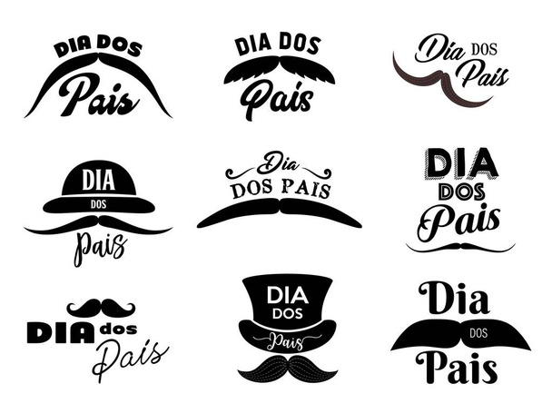 Fathers day, Dia dos pais monochrome isolated vector icons set. Hipster mustache of different shapes bowl and cylinder hats. Vintage symbols for Fathers day, Dia dos Pais retro labels - Vector, Image
