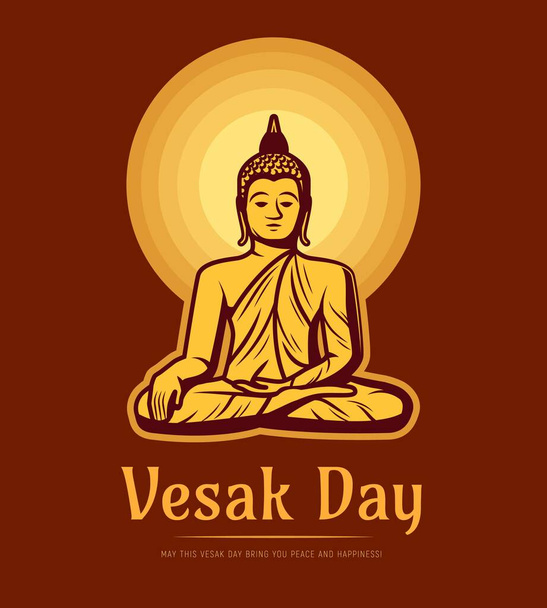 Διακοπές στην Ημέρα των Βέσακ. Βούδας κάθεται κάτω από πανσέληνο διαλογίζεται σε στάση γιόγκα λωτού. Βουδισμός ασιατική θρησκεία, τον πολιτισμό και παράδοση διάνυσμα αφίσα. Ημέρα του Βέσακ γενέθλια, διαφώτιση και το θάνατο του Βούδα - Διάνυσμα, εικόνα