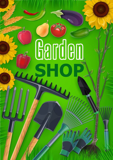 ガーデンツールショップベクトルポスター。農業、農業、園芸機器。農業農家の熊手、ピッチフォークとシャベル、スクープ、木の植え付けスペードと土壌栽培ハック、果物や野菜 - ベクター画像