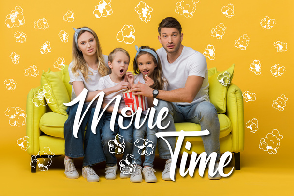 surprised family watching movie on sofa with popcorn bucket on yellow, movie time and popcorn illustration - Fotoğraf, Görsel