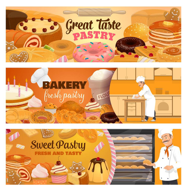 Кондитерские векторные баннеры, десертные торты и кондитерские сладости. Шеф-повар пекаря смешивает тесто и печет хлеб, круассан и фруктовый пирог, ржаную булочку и багет, пончик и печенье
 - Вектор,изображение