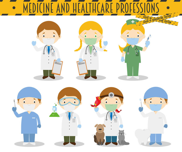 Covid 19 Health Emergency Special Edition: Векторний набір медичних та медичних професій з хірургічними масками та латексними рукавичками в мультиплікаційному стилі
 - Вектор, зображення