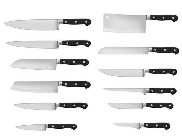 Typy noży kuchennych, wektor realistyczne 3D izolowane sztućce kuchenne. Topór do mięsa, tasak i rzeźnik, siekiera i nóż do obierania ze stali nierdzewnej z czarną rączką, nożami do chleba i grilla - Wektor, obraz