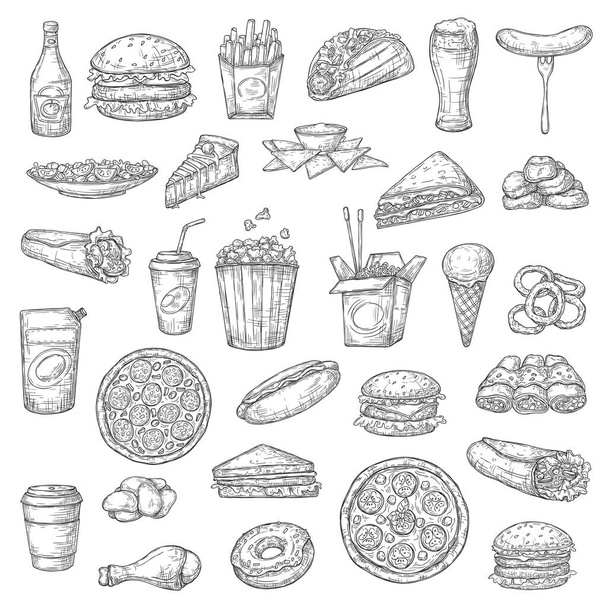 Fast food hamburgers, drankjes en desserts vector schets pictogrammen. Broodje pizza en hamburger, kippenvleugels, nuggets en hotdog, burrito en taco 's, frietjes en noedels, ijs en popcorn - Vector, afbeelding