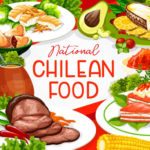 Chilei konyha étterem étlap borító, Dél-Amerika hagyományos autentikus ételeket. Pite lazaccal és sajttal, tengeri hal chili paprikával, matt teaital és cannelloni gombával. Vektor - Vektor, kép