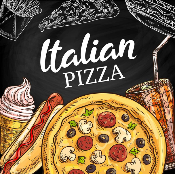 Fast food menu, Italian pizza chalk sketch, pizzeria and fastfood restaurant. Combo meals of salami pizza with mushrooms, hot dog with French fries, ice cream and soda drink - Vector, Image