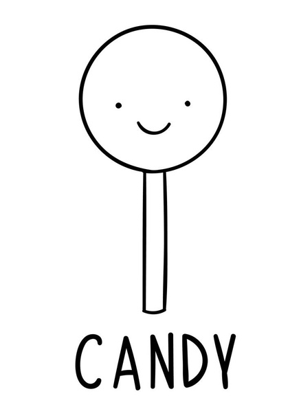 Coloring pages, black and white cute kawaii hand drawn candy doodles, lettering candy - Вектор,изображение