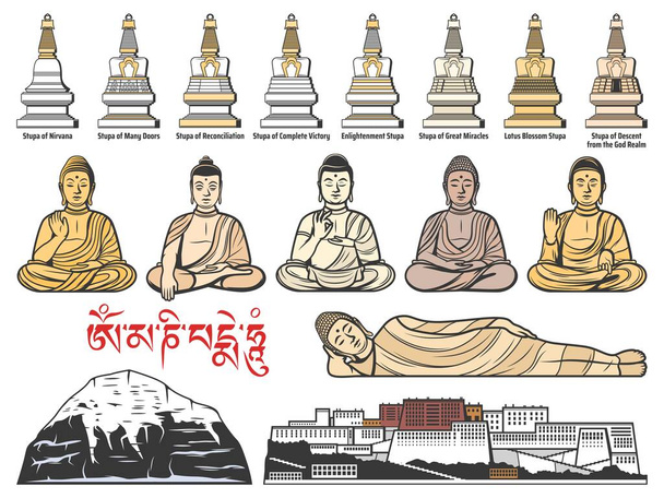 Tiibetin buddhalaisuus uskonto, Tiibetin buddhalainen stupa pyhäkkö, Buddha meditatin asennot. Potalan palatsi Tiibetissä ja Kailashilla. Tiibet uskonnolliset maamerkit, symbolit ja kuuluisa arkkitehtuuri vektori kuvakkeet
 - Vektori, kuva