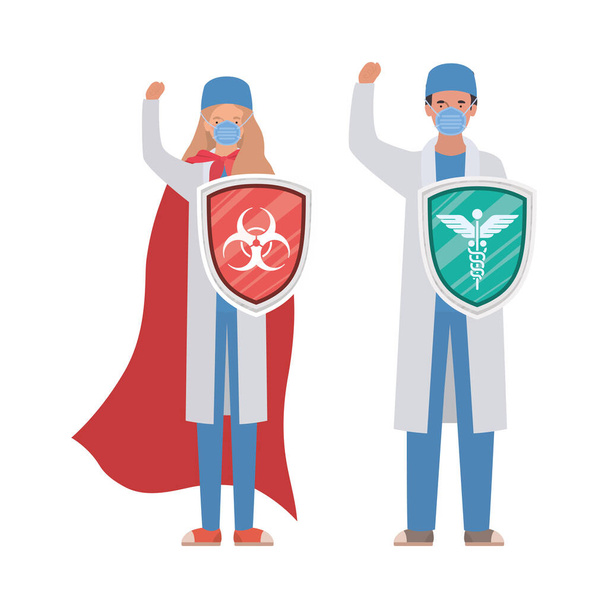 Kadın ve erkek doktorlar pelerinli ve kalkanlı kahramanlar 2019 ncov virüs vektör tasarımına karşı - Vektör, Görsel