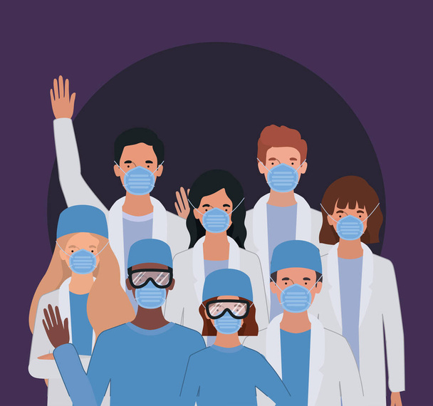 Médecins hommes et femmes avec des uniformes masques et lunettes design vectoriel
 - Vecteur, image