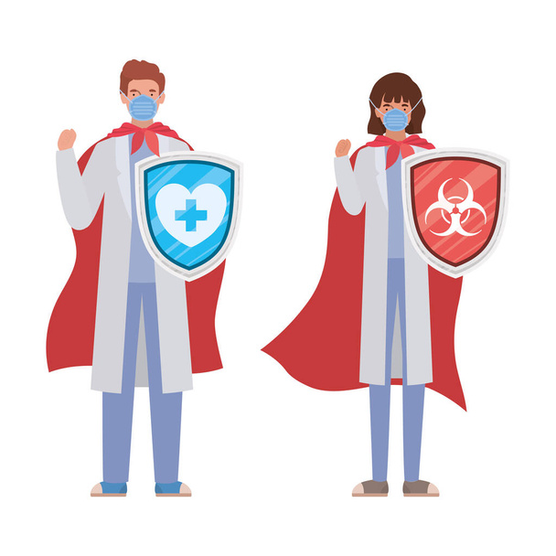 Kadın ve erkek doktorlar pelerinli ve kalkanlı kahramanlar 2019 ncov virüs vektör tasarımına karşı - Vektör, Görsel