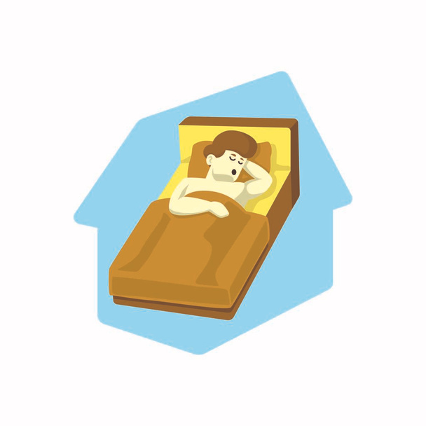 Jestem w domu kampanii społecznej świadomości mediów i zapobiegania koronawirusom: człowiek śpi na łóżku z niebieskim tle domu - Wektor, obraz