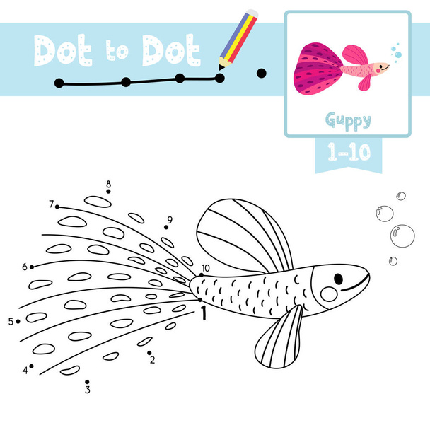 Dot to dot educational game and Coloring book Pink Guppy fish animal cartoon character vector illustration - Vektor, Bild