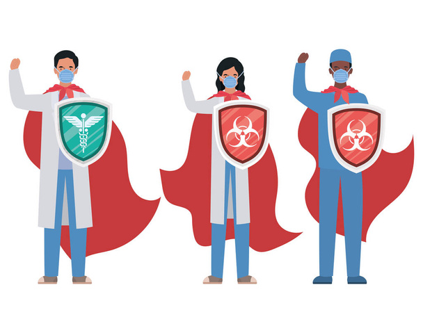 kobieta i mężczyźni lekarze bohaterowie z peleryny i tarcze przed 2019 ncov wirus wektor projektu - Wektor, obraz