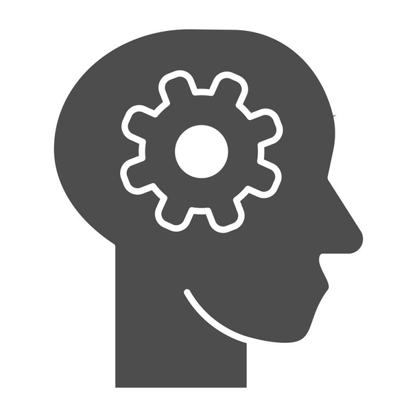 Brain idea in mind solid icon. Gear in head, solution wheel symbol, glyph style pictogram on white background. Teamwork or business sign for mobile concept and web design. Vector graphics. - Wektor, obraz