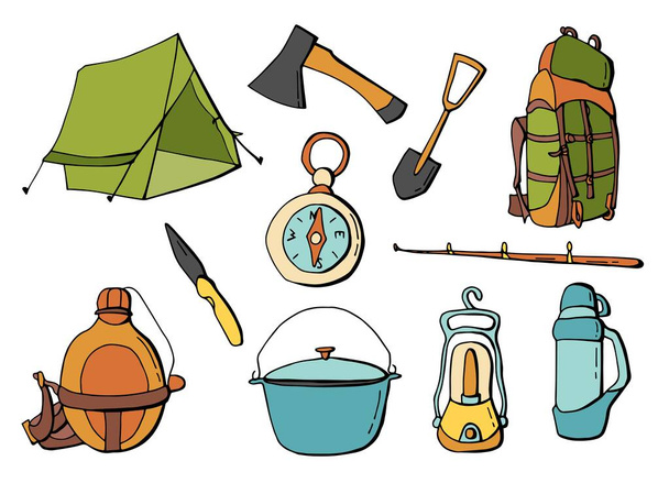 Tourist set. Camping. Tent, backpack, compass, ax, shovel, bowler hat, lantern, thermos, flask, knife, fishing rod. Cartoon style illustration. White background, isolate. Stock Illustration. - Vector, Image