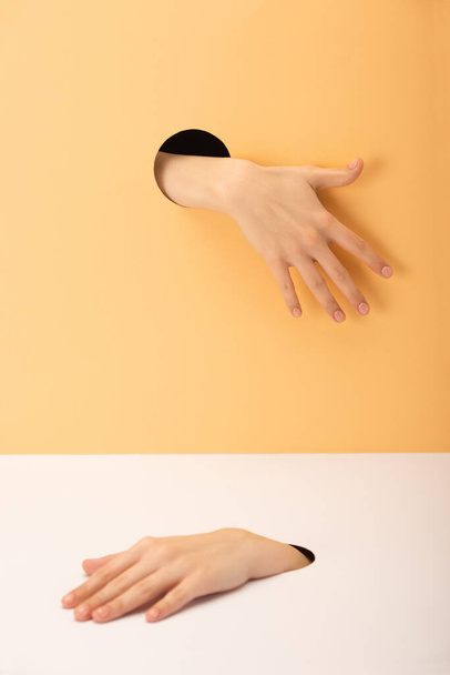 cropped view of holes with hands of woman on white and orange - Fotografie, Obrázek