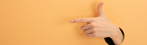 panoramisch shot van vrouw wijzend met vinger op oranje  - Foto, afbeelding