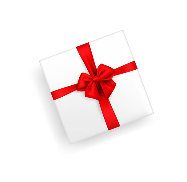 White gift box tied with silk or satin ribbon. Vector isolated stock illustration of a gift with a red bow on a white background in a realistic style. The view from the top. flat lay - Vektori, kuva
