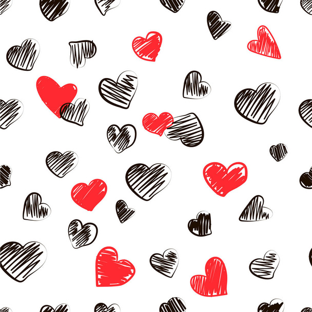 Vector seamless pattern of drawings of handmade hearts on a white isolated background, flat. Romantic background, symbol, wrapping, gifts, holiday, greeting card, decoration. - Vector, Imagen