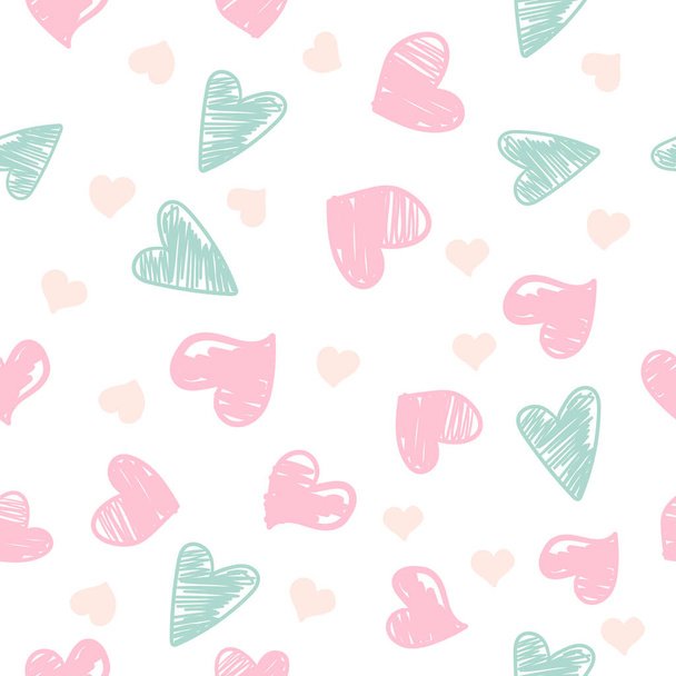 Vector seamless pattern of drawings  of handmade hearts on a white isolated background, flat. Romantic background, symbol, wrapping, gifts, holiday, greeting - Vector, imagen