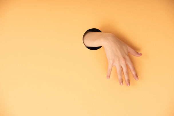 cropped view of woman hand in hole on orange  - Photo, Image
