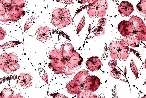hand drawn seamless colorful bright pattern with sketches of poppies  - Foto, imagen