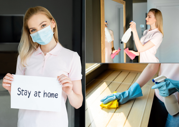 colagem de mulher em máscara médica segurando papel com estadia em casa lettering e spray garrafa com pano enquanto a limpeza da casa em casa
 - Foto, Imagem
